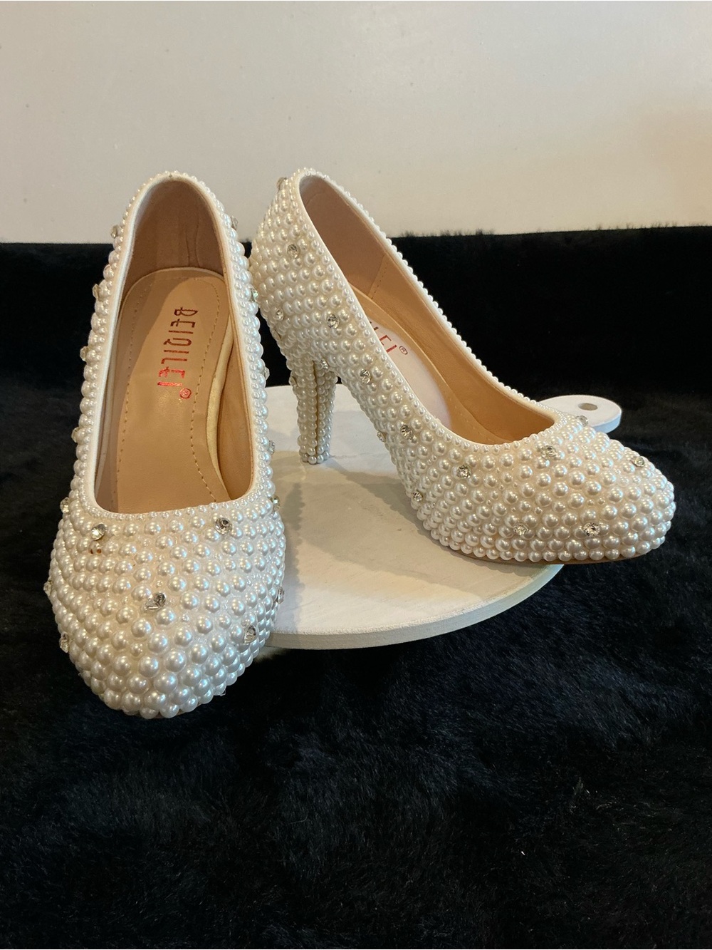 Bejeweled Pearl-Embellished White High Heel Pumps